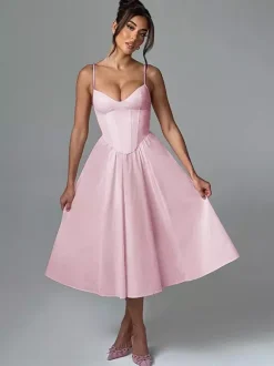 Corset Style Midi Dress Women - Cottagecore Spaghetti Strap Sundress - Summer Garden Wedding Guest Dress 2026