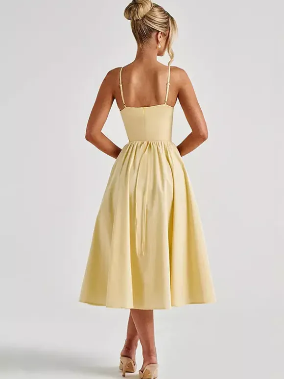 Corset Style Midi Dress Women - Cottagecore Spaghetti Strap Sundress - Summer Garden Wedding Guest Dress 2026