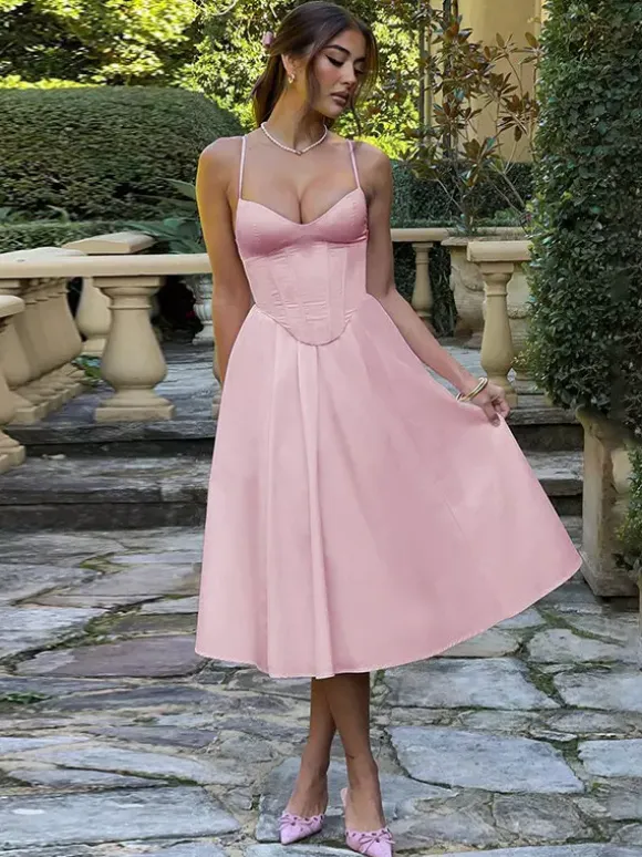 Corset Style Midi Dress Women - Cottagecore Spaghetti Strap Sundress - Summer Garden Wedding Guest Dress 2026