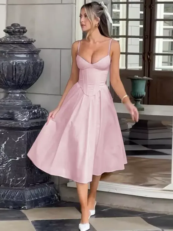 Corset Style Midi Dress Women - Cottagecore Spaghetti Strap Sundress - Summer Garden Wedding Guest Dress 2026