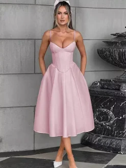 Corset Style Midi Dress Women - Cottagecore Spaghetti Strap Sundress - Summer Garden Wedding Guest Dress 2026