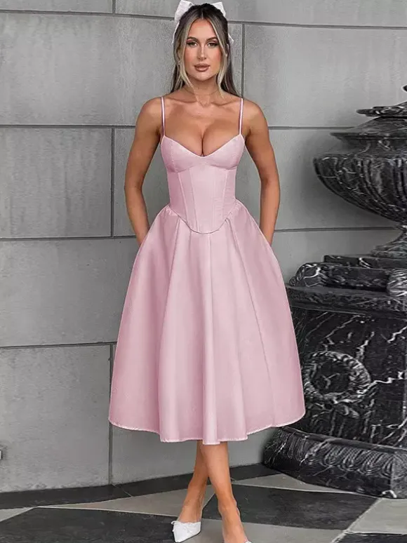 Corset Style Midi Dress Women - Cottagecore Spaghetti Strap Sundress - Summer Garden Wedding Guest Dress 2026