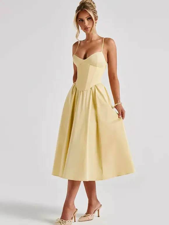 Corset Style Midi Dress Women - Cottagecore Spaghetti Strap Sundress - Summer Garden Wedding Guest Dress 2026