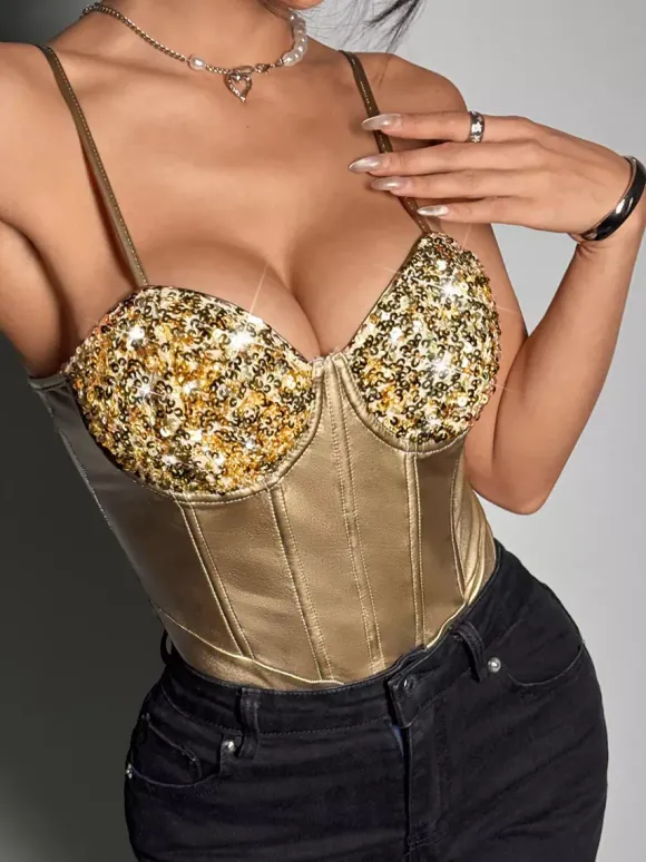 Corset Tops Silver Chic Sleeveless Straps Neck Slim Fit Sequins Tops
