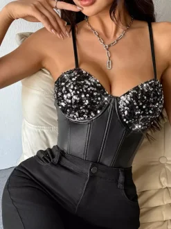 Corset Tops Silver Chic Sleeveless Straps Neck Slim Fit Sequins Tops