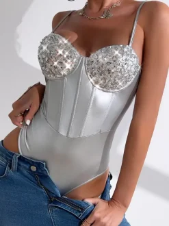 Corset Tops Silver Chic Sleeveless Straps Neck Slim Fit Sequins Tops