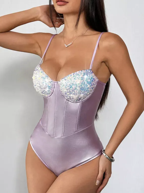 Corset Tops Silver Chic Sleeveless Straps Neck Slim Fit Sequins Tops