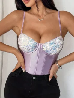 Corset Tops Silver Chic Sleeveless Straps Neck Slim Fit Sequins Tops