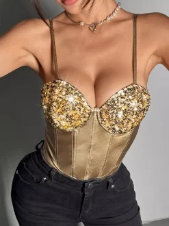 Corset Tops Silver Chic Sleeveless Straps Neck Slim Fit Sequins Tops