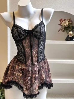 Corset Babydoll Lingerie Tiger Print Lace Underwire Mesh Mini Skirt Teddy Chemise
