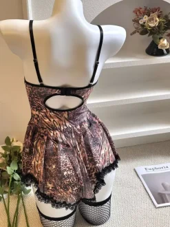 Corset Babydoll Lingerie Tiger Print Lace Underwire Mesh Mini Skirt Teddy Chemise