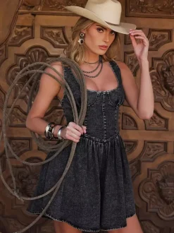 Corset Bustier Denim Mini Dress For Women - Cowgirl Style Sleeveless Fit And Flare Skater Jean Dress - Summer Festival Outfits 2026
