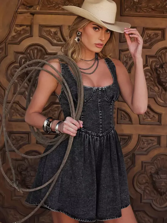 Corset Bustier Denim Mini Dress For Women - Cowgirl Style Sleeveless Fit And Flare Skater Jean Dress - Summer Festival Outfits 2026
