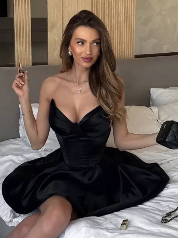 Corset Coquette Satin Dress For Women - Black Gothic Sweetheart Boned Sleeveless A Line Dress - Summer Birthday Party 2026