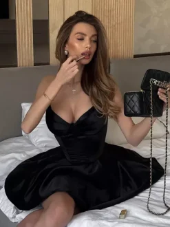 Corset Coquette Satin Dress For Women - Black Gothic Sweetheart Boned Sleeveless A Line Dress - Summer Birthday Party 2026