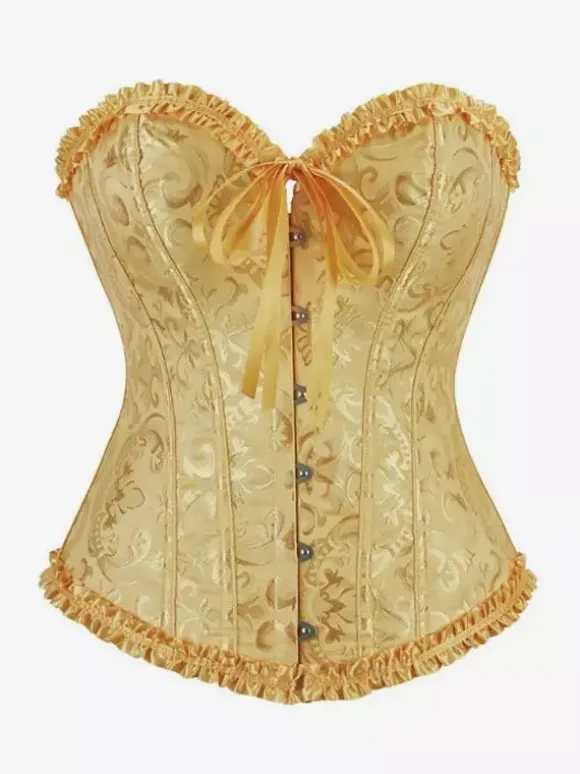 Corsets Lingerie Shapewear Golden Floral Print Sleeveless Front Button Lace Up