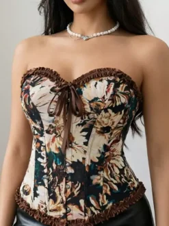 Corsets Blue Tops Lace-up Ruffles Floral Print Street Wear Elegant Lingerie