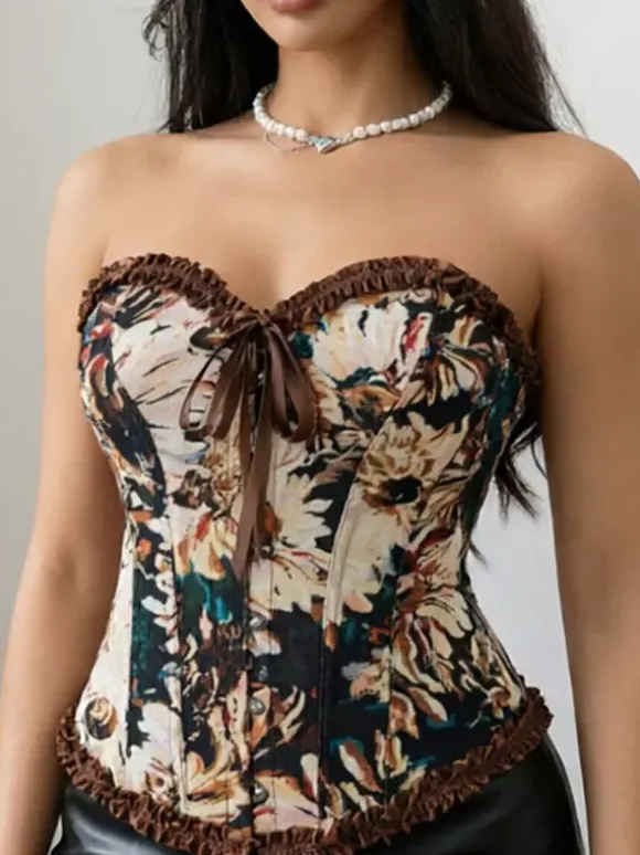 Corsets Blue Tops Lace-up Ruffles Floral Print Street Wear Elegant Lingerie