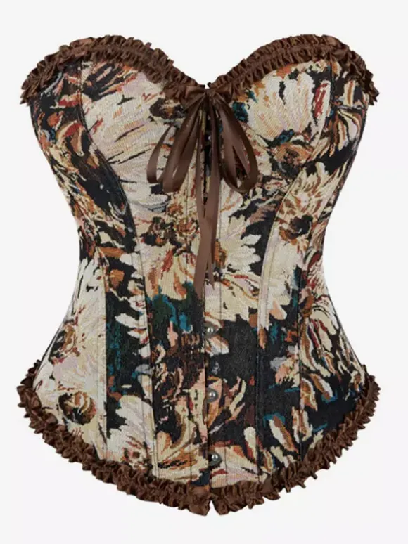 Corsets Blue Tops Lace-up Ruffles Floral Print Street Wear Elegant Lingerie