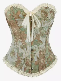Corsets Blue Tops Lace-up Ruffles Floral Print Street Wear Elegant Lingerie