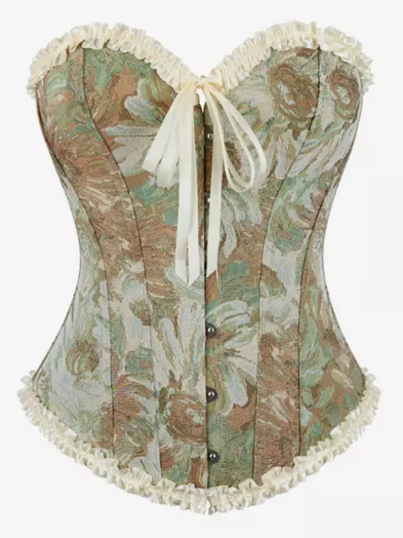 Corsets Blue Tops Lace-up Ruffles Floral Print Street Wear Elegant Lingerie