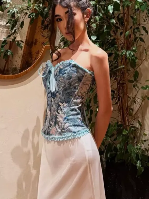 Corsets Blue Tops Lace-up Ruffles Floral Print Street Wear Elegant Lingerie