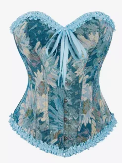 Corsets Blue Tops Lace-up Ruffles Floral Print Street Wear Elegant Lingerie