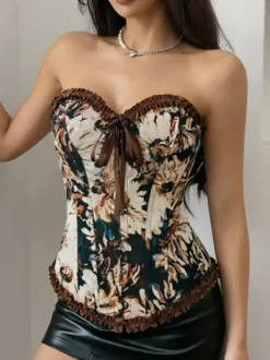 Corsets Blue Tops Lace-up Ruffles Floral Print Street Wear Elegant Lingerie