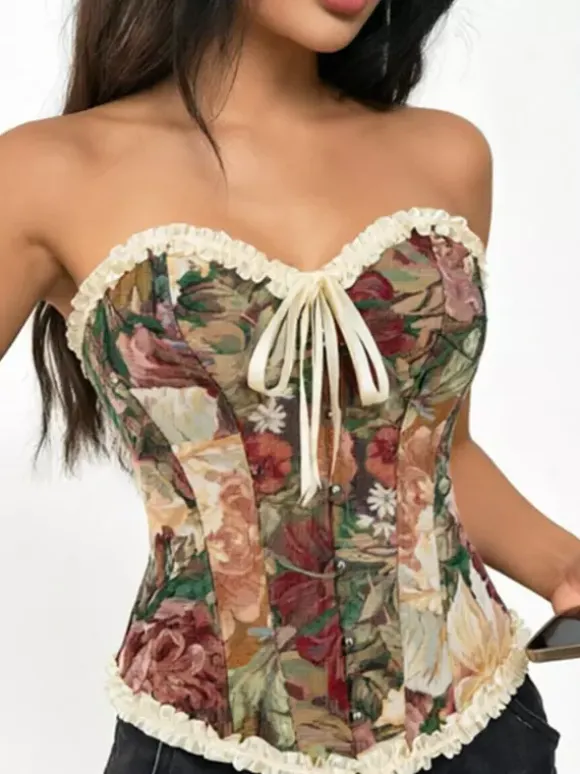 Corsets Blue Tops Lace-up Ruffles Floral Print Street Wear Elegant Lingerie