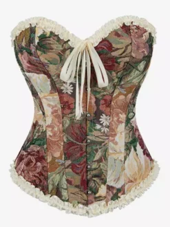 Corsets Blue Tops Lace-up Ruffles Floral Print Street Wear Elegant Lingerie
