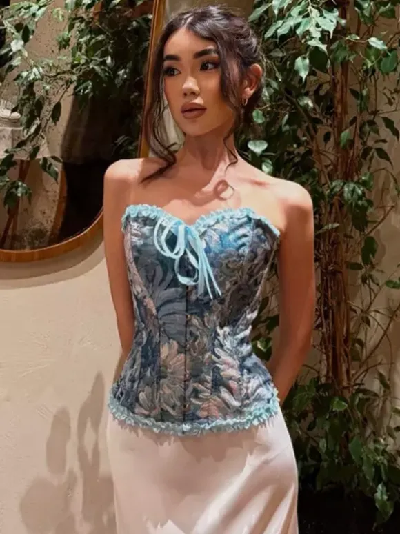 Corsets Blue Tops Lace-up Ruffles Floral Print Street Wear Elegant Lingerie