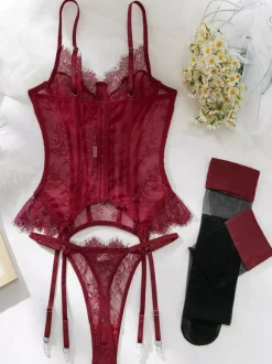 Corsets Burgundy Lace Sexy Lingerie Garter 3-Piece Set