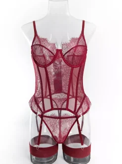 Corsets Burgundy Lace Sexy Lingerie Garter 3-Piece Set