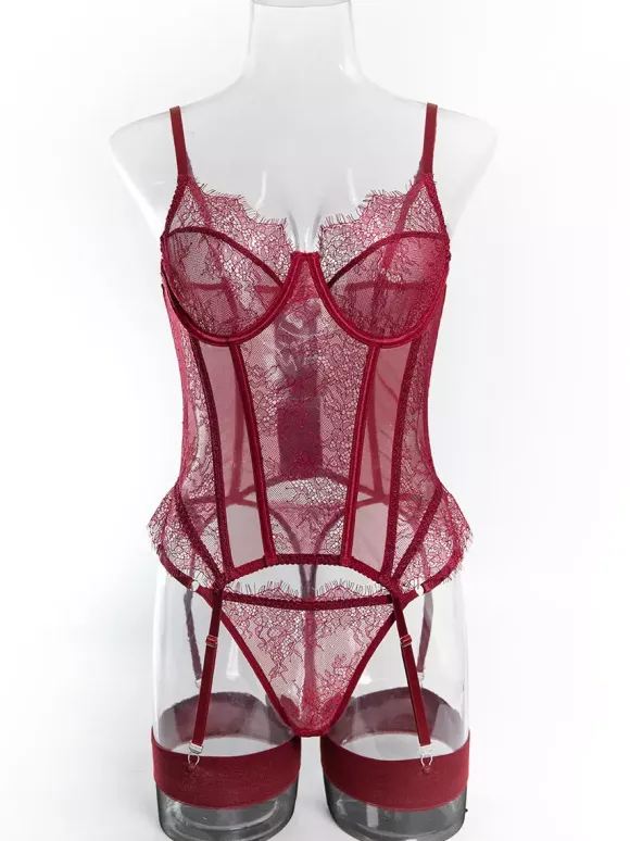 Corsets Burgundy Lace Sexy Lingerie Garter 3-Piece Set