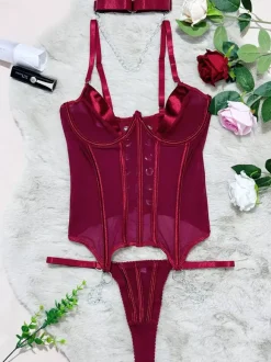Corsets Pants Sets Burgundy Polyester Backless Lace Up Indoor Sexy Lingerie Sets
