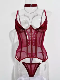 Corsets Pants Sets Burgundy Polyester Backless Lace Up Indoor Sexy Lingerie Sets