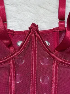 Corsets Pants Sets Burgundy Polyester Backless Lace Up Indoor Sexy Lingerie Sets
