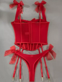 Corsets Red Sexy Polyester Dating Lace Up 2-Piece Lingerie With Pants