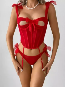 Corsets Red Sexy Polyester Dating Lace Up 2-Piece Lingerie With Pants