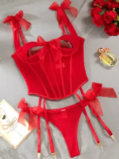 Corsets Red Sexy Polyester Dating Lace Up 2-Piece Lingerie With Pants