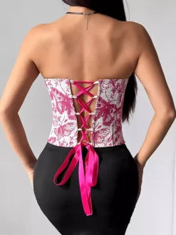 Corsets Tops Blue Lace-up Floral Print Street Wear Bohemian Lingerie