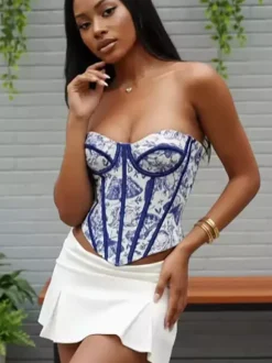 Corsets Tops Blue Lace-up Floral Print Street Wear Bohemian Lingerie