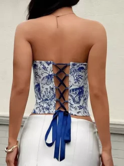Corsets Tops Blue Lace-up Floral Print Street Wear Bohemian Lingerie