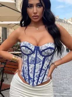 Corsets Tops Blue Lace-up Floral Print Street Wear Bohemian Lingerie