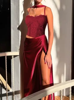 Corset Style Lace Maxi Dress For Women - Drape Ruched Bodycon Gown - Spring Evening Party Outfits 2026