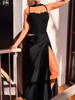 Corset Style Lace Maxi Dress For Women - Drape Ruched Bodycon Gown - Spring Evening Party Outfits 2026