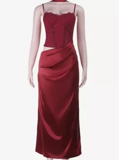 Corset Style Lace Maxi Dress For Women - Drape Ruched Bodycon Gown - Spring Evening Party Outfits 2026