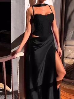 Corset Style Lace Maxi Dress For Women - Drape Ruched Bodycon Gown - Spring Evening Party Outfits 2026