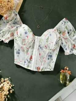 Corsets White Flowers Floral Print Short Sleeve Daily Casual Lingerie