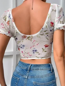 Corsets White Flowers Floral Print Short Sleeve Daily Casual Lingerie
